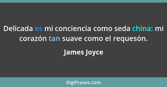 Delicada es mi conciencia como seda china: mi corazón tan suave como el requesón.... - James Joyce