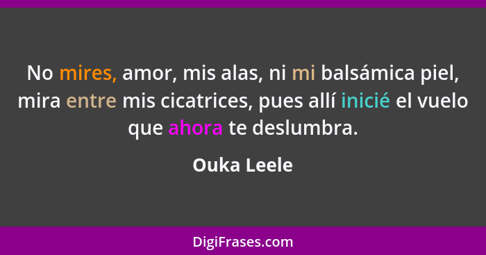 No mires, amor, mis alas, ni mi balsámica piel, mira entre mis cicatrices, pues allí inicié el vuelo que ahora te deslumbra.... - Ouka Leele