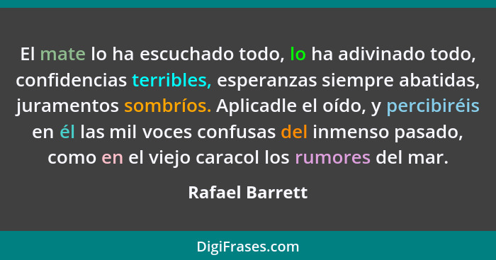 El mate lo ha escuchado todo, lo ha adivinado todo, confidencias terribles, esperanzas siempre abatidas, juramentos sombríos. Aplicad... - Rafael Barrett