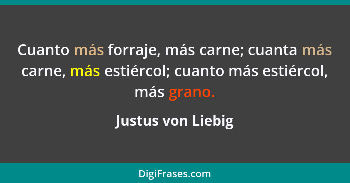 Cuanto más forraje, más carne; cuanta más carne, más estiércol; cuanto más estiércol, más grano.... - Justus von Liebig