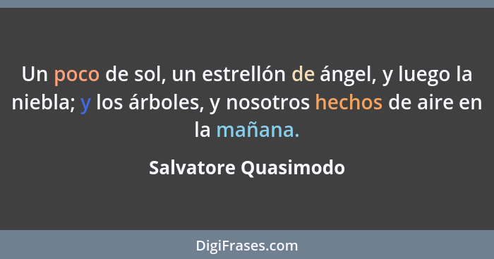 Un poco de sol, un estrellón de ángel, y luego la niebla; y los árboles, y nosotros hechos de aire en la mañana.... - Salvatore Quasimodo