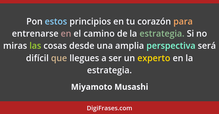 Pon estos principios en tu corazón para entrenarse en el camino de la estrategia. Si no miras las cosas desde una amplia perspectiv... - Miyamoto Musashi