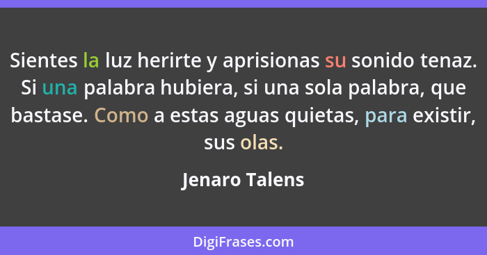 Sientes la luz herirte y aprisionas su sonido tenaz. Si una palabra hubiera, si una sola palabra, que bastase. Como a estas aguas quie... - Jenaro Talens