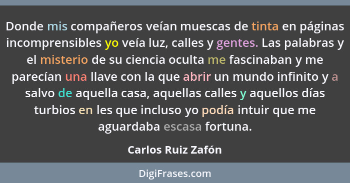 Donde mis compañeros veían muescas de tinta en páginas incomprensibles yo veía luz, calles y gentes. Las palabras y el misterio de... - Carlos Ruiz Zafón