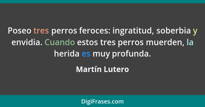 Poseo tres perros feroces: ingratitud, soberbia y envidia. Cuando estos tres perros muerden, la herida es muy profunda.... - Martín Lutero