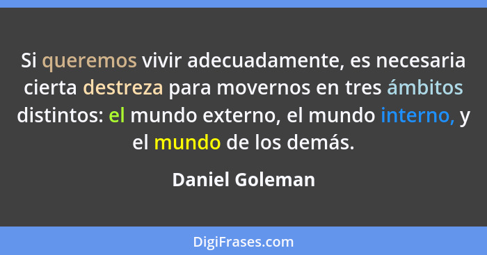 Si queremos vivir adecuadamente, es necesaria cierta destreza para movernos en tres ámbitos distintos: el mundo externo, el mundo int... - Daniel Goleman