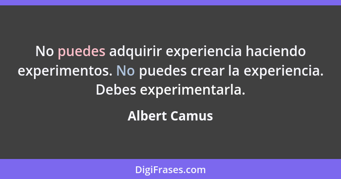 No puedes adquirir experiencia haciendo experimentos. No puedes crear la experiencia. Debes experimentarla.... - Albert Camus