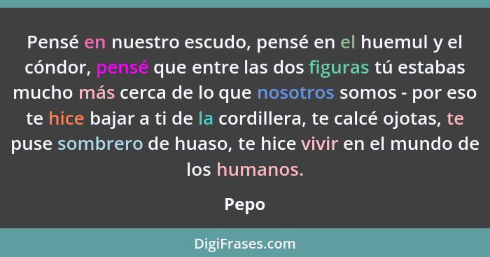 Pensé en nuestro escudo, pensé en el huemul y el cóndor, pensé que entre las dos figuras tú estabas mucho más cerca de lo que nosotros somos -... - Pepo