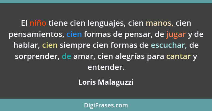 El niño tiene cien lenguajes, cien manos, cien pensamientos, cien formas de pensar, de jugar y de hablar, cien siempre cien formas d... - Loris Malaguzzi