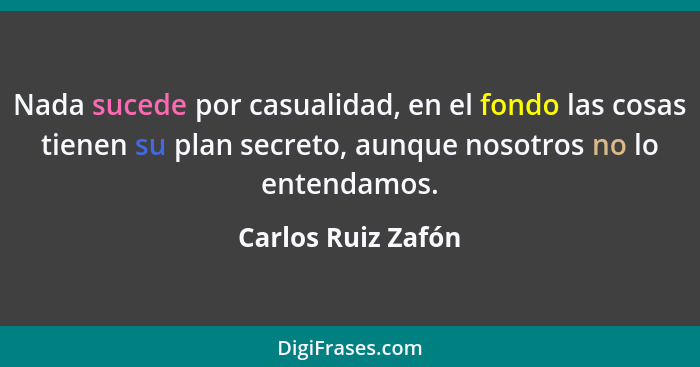Nada sucede por casualidad, en el fondo las cosas tienen su plan secreto, aunque nosotros no lo entendamos.... - Carlos Ruiz Zafón