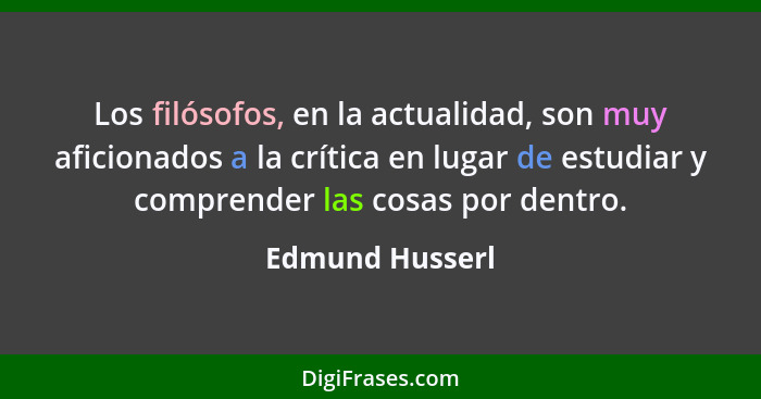 Los filósofos, en la actualidad, son muy aficionados a la crítica en lugar de estudiar y comprender las cosas por dentro.... - Edmund Husserl