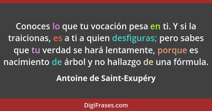 Conoces lo que tu vocación pesa en ti. Y si la traicionas, es a ti a quien desfiguras; pero sabes que tu verdad se hará len... - Antoine de Saint-Exupéry