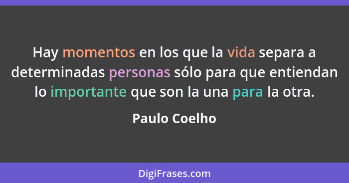 Hay momentos en los que la vida separa a determinadas personas sólo para que entiendan lo importante que son la una para la otra.... - Paulo Coelho