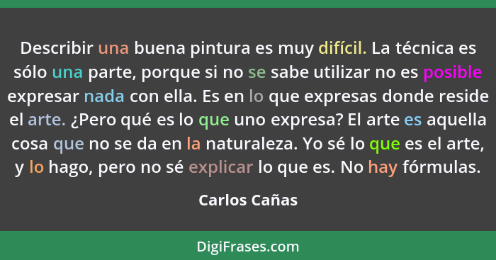 Describir una buena pintura es muy difícil. La técnica es sólo una parte, porque si no se sabe utilizar no es posible expresar nada con... - Carlos Cañas