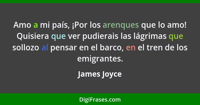 Amo a mi país, ¡Por los arenques que lo amo! Quisiera que ver pudierais las lágrimas que sollozo al pensar en el barco, en el tren de lo... - James Joyce