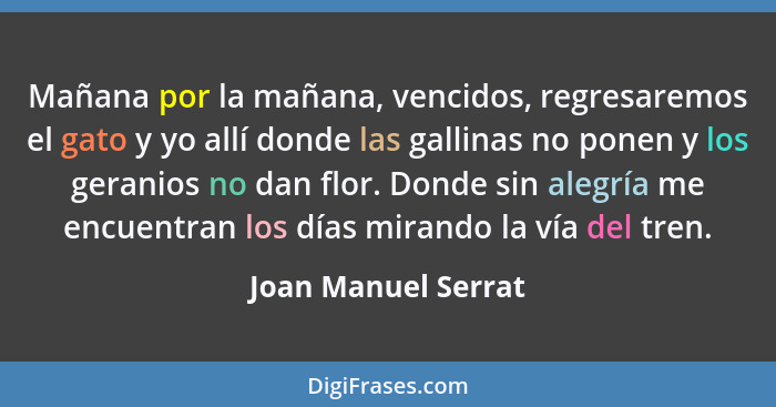 Mañana por la mañana, vencidos, regresaremos el gato y yo allí donde las gallinas no ponen y los geranios no dan flor. Donde sin... - Joan Manuel Serrat