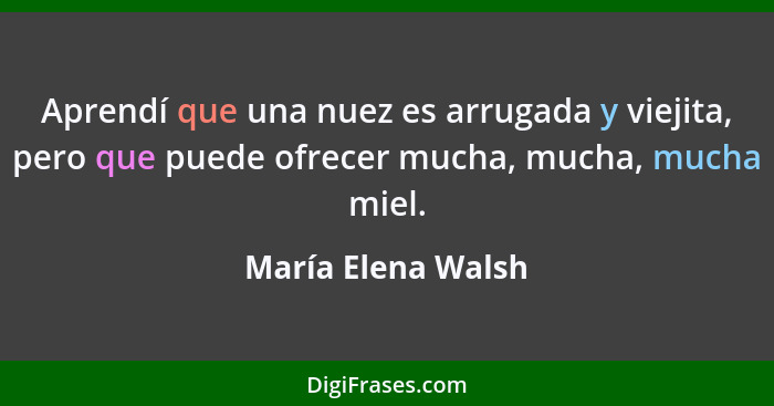 Aprendí que una nuez es arrugada y viejita, pero que puede ofrecer mucha, mucha, mucha miel.... - María Elena Walsh