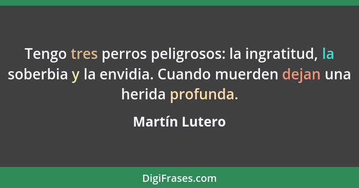 Tengo tres perros peligrosos: la ingratitud, la soberbia y la envidia. Cuando muerden dejan una herida profunda.... - Martín Lutero