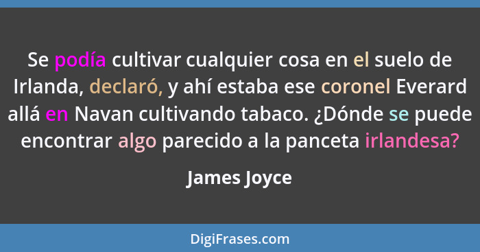 Se podía cultivar cualquier cosa en el suelo de Irlanda, declaró, y ahí estaba ese coronel Everard allá en Navan cultivando tabaco. ¿Dón... - James Joyce