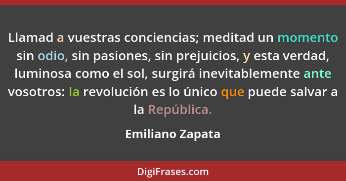 Llamad a vuestras conciencias; meditad un momento sin odio, sin pasiones, sin prejuicios, y esta verdad, luminosa como el sol, surgi... - Emiliano Zapata
