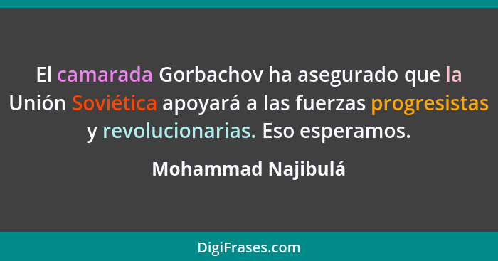 El camarada Gorbachov ha asegurado que la Unión Soviética apoyará a las fuerzas progresistas y revolucionarias. Eso esperamos.... - Mohammad Najibulá