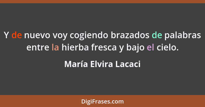 Y de nuevo voy cogiendo brazados de palabras entre la hierba fresca y bajo el cielo.... - María Elvira Lacaci