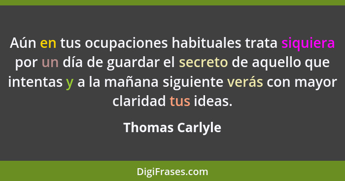 Aún en tus ocupaciones habituales trata siquiera por un día de guardar el secreto de aquello que intentas y a la mañana siguiente ver... - Thomas Carlyle