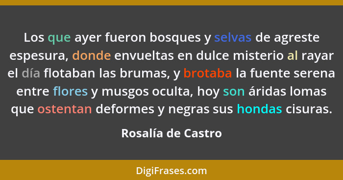 Los que ayer fueron bosques y selvas de agreste espesura, donde envueltas en dulce misterio al rayar el día flotaban las brumas, y... - Rosalía de Castro