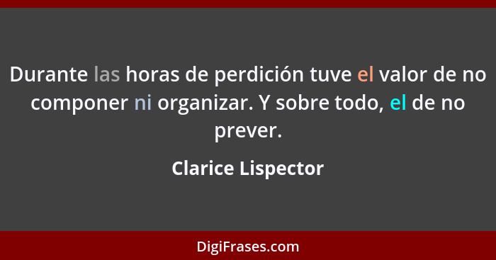 Durante las horas de perdición tuve el valor de no componer ni organizar. Y sobre todo, el de no prever.... - Clarice Lispector