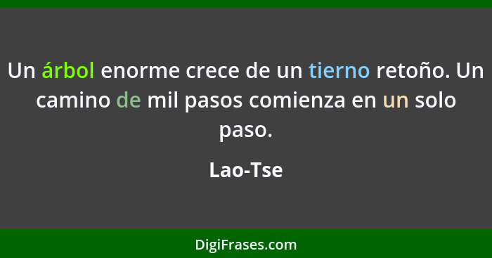 Un árbol enorme crece de un tierno retoño. Un camino de mil pasos comienza en un solo paso.... - Lao-Tse