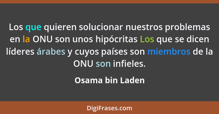 Los que quieren solucionar nuestros problemas en la ONU son unos hipócritas Los que se dicen líderes árabes y cuyos países son miemb... - Osama bin Laden