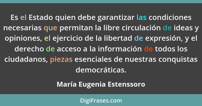 Es el Estado quien debe garantizar las condiciones necesarias que permitan la libre circulación de ideas y opiniones, el ej... - María Eugenia Estenssoro