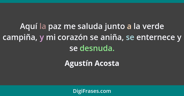 Aquí la paz me saluda junto a la verde campiña, y mi corazón se aniña, se enternece y se desnuda.... - Agustín Acosta