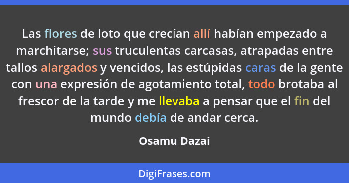 Las flores de loto que crecían allí habían empezado a marchitarse; sus truculentas carcasas, atrapadas entre tallos alargados y vencidos... - Osamu Dazai