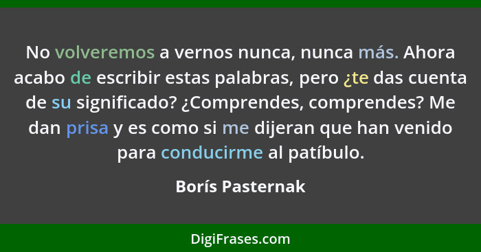 No volveremos a vernos nunca, nunca más. Ahora acabo de escribir estas palabras, pero ¿te das cuenta de su significado? ¿Comprendes,... - Borís Pasternak