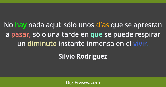 No hay nada aquí: sólo unos días que se aprestan a pasar, sólo una tarde en que se puede respirar un diminuto instante inmenso en e... - Silvio Rodríguez