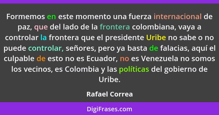 Formemos en este momento una fuerza internacional de paz, que del lado de la frontera colombiana, vaya a controlar la frontera que el... - Rafael Correa