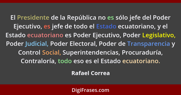 El Presidente de la República no es sólo jefe del Poder Ejecutivo, es jefe de todo el Estado ecuatoriano, y el Estado ecuatoriano es P... - Rafael Correa