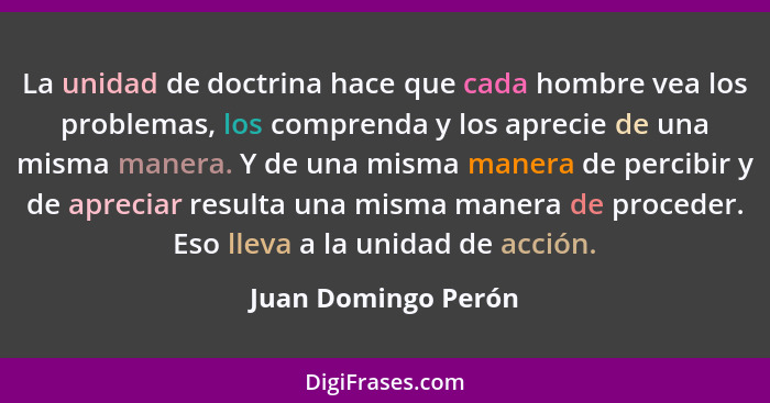 La unidad de doctrina hace que cada hombre vea los problemas, los comprenda y los aprecie de una misma manera. Y de una misma man... - Juan Domingo Perón
