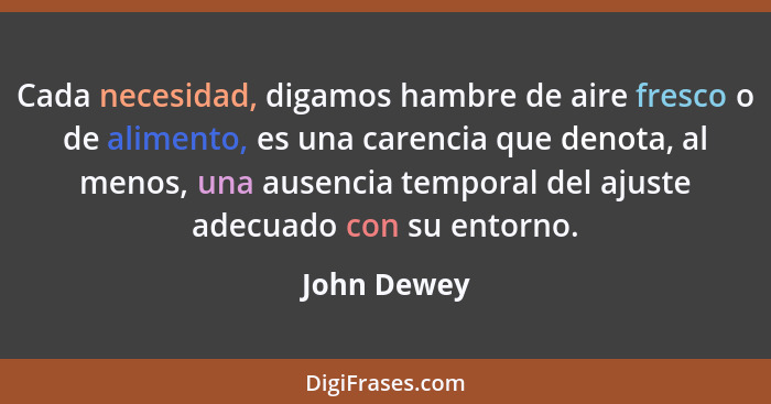 Cada necesidad, digamos hambre de aire fresco o de alimento, es una carencia que denota, al menos, una ausencia temporal del ajuste adecu... - John Dewey