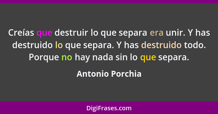 Creías que destruir lo que separa era unir. Y has destruido lo que separa. Y has destruido todo. Porque no hay nada sin lo que separ... - Antonio Porchia