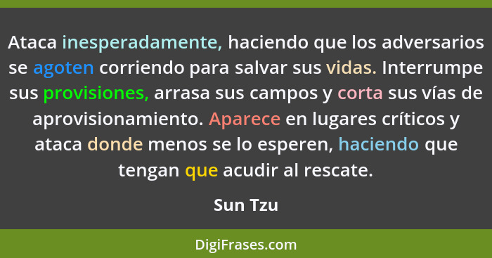 Ataca inesperadamente, haciendo que los adversarios se agoten corriendo para salvar sus vidas. Interrumpe sus provisiones, arrasa sus campos... - Sun Tzu