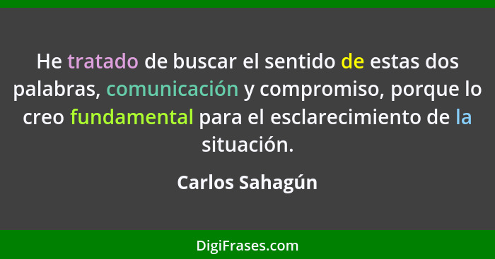 He tratado de buscar el sentido de estas dos palabras, comunicación y compromiso, porque lo creo fundamental para el esclarecimiento... - Carlos Sahagún