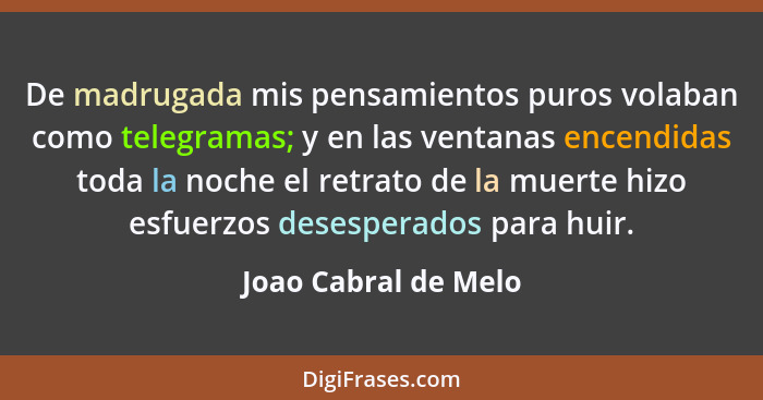 De madrugada mis pensamientos puros volaban como telegramas; y en las ventanas encendidas toda la noche el retrato de la muerte... - Joao Cabral de Melo