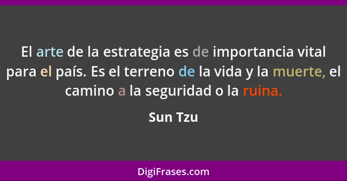 El arte de la estrategia es de importancia vital para el país. Es el terreno de la vida y la muerte, el camino a la seguridad o la ruina.... - Sun Tzu