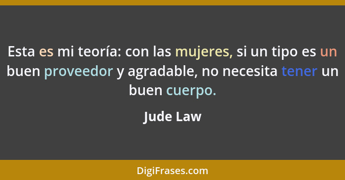 Esta es mi teoría: con las mujeres, si un tipo es un buen proveedor y agradable, no necesita tener un buen cuerpo.... - Jude Law