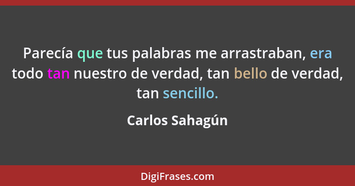 Parecía que tus palabras me arrastraban, era todo tan nuestro de verdad, tan bello de verdad, tan sencillo.... - Carlos Sahagún