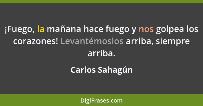 ¡Fuego, la mañana hace fuego y nos golpea los corazones! Levantémoslos arriba, siempre arriba.... - Carlos Sahagún