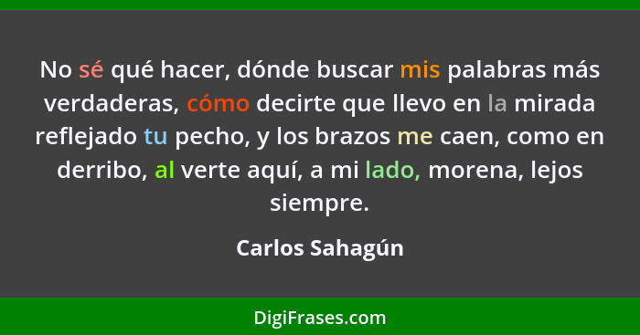 No sé qué hacer, dónde buscar mis palabras más verdaderas, cómo decirte que llevo en la mirada reflejado tu pecho, y los brazos me ca... - Carlos Sahagún