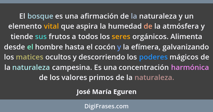 El bosque es una afirmación de la naturaleza y un elemento vital que aspira la humedad de la atmósfera y tiende sus frutos a todos... - José María Eguren